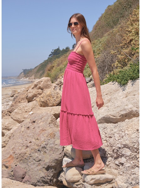 sundry pink dress Sundry Anthropologie Ruched Midi Dress S/1