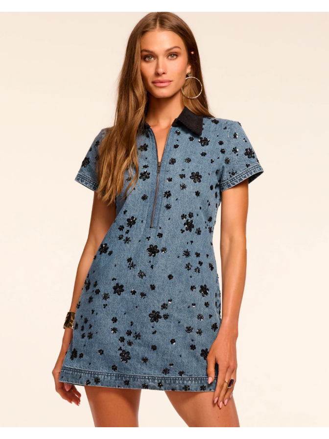 Ramy Brook Rita Embellished Denim Mini Dress in Floral Denim – Smith \u0026 Scott